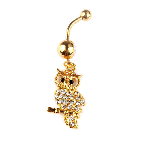 Rhinestone Owl Gold Dangle Body Piercing Jewelry Belly Navel Bar Ring IMY66