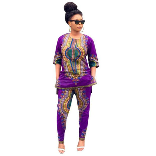 2 Pieces Set Women Clothing Vintage African Print Casual Half Sleeve Straight Print Blouse Tops+Pants Suit IMY66