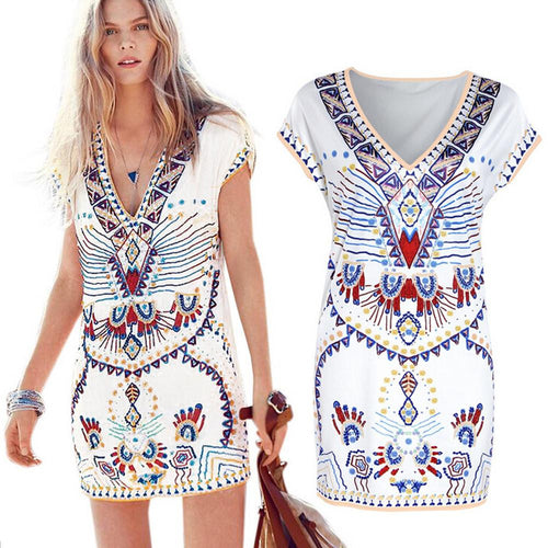 Boho Women Dress Retro Sexy V-neck Short Sleeve Print Casual Dress Slim Package Hip Dress vestidos feminino IMY66