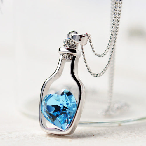 Creative Women Necklace Ladies Popular Style Love Drift Bottles Pendant Necklace Blue Heart Crystal Pendant Necklace IMY66