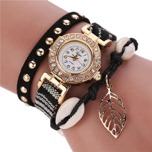 Duoya Dress Watch Womens Bracelet Watches Ladies Stainless Steel PU Leather Strap Leaf Braided Quartz Watch relogio IMY66