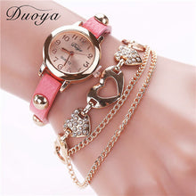Duoya Women Watches Gold Heart Luxury PU Leather Vintage Wristwatches Women Dress Chain Bracelet Quartz Watch IMY66