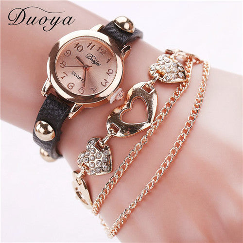 Duoya Women Watches Gold Heart Luxury PU Leather Vintage Wristwatches Women Dress Chain Bracelet Quartz Watch IMY66