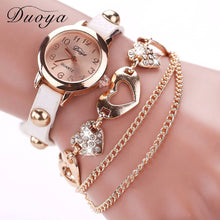 Duoya Women Watches Gold Heart Luxury PU Leather Vintage Wristwatches Women Dress Chain Bracelet Quartz Watch IMY66