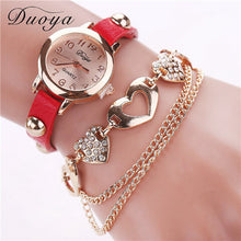 Duoya Women Watches Gold Heart Luxury PU Leather Vintage Wristwatches Women Dress Chain Bracelet Quartz Watch IMY66