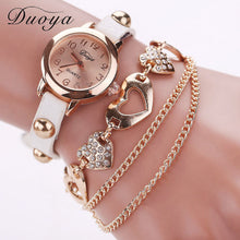 Duoya Women Watches Gold Heart Luxury PU Leather Vintage Wristwatches Women Dress Chain Bracelet Quartz Watch IMY66