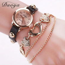 Duoya Women Watches Gold Heart Luxury PU Leather Vintage Wristwatches Women Dress Chain Bracelet Quartz Watch IMY66
