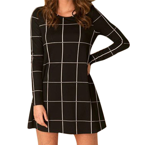 Fabulous Women Long Sleeve Tartan Check Print Flared Swing Dress IMY66