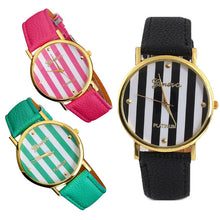 Classic Stripes Print PU Leather Woman Man Analog Quartz Wrist Watch IMY66