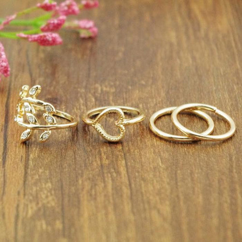 Gold Plated Leaf Heart Joint Knuckle Nail Ring Set of Four Rings IMY66