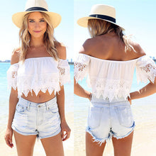 Women Lace Crochet Blouse Sexy Off Shoulder Beach White Blouses Crop Tops Shirt blusas feminina IMY66