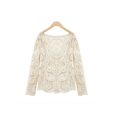 2 Colors Women Clothing Crochet Lace Floral Semi Sheer Embroidery Hollow Blouse Tops Shirt IMY66