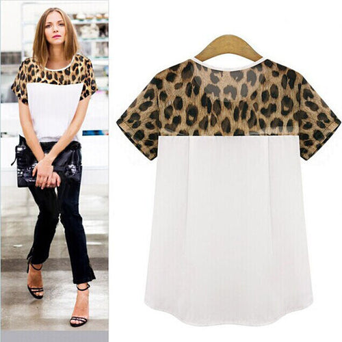 2 Colors Plus Size 3XL Women Casual Clothing Leopard Printing Patchwork Chiffon Tops Tee Shirt blusas feminina IMY66
