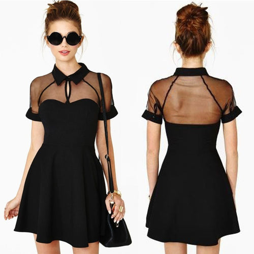 Girls Black Lapel Short Sleeve Chiffon Slim Evening Party Mini Dress Black Color Plus Size IMY66