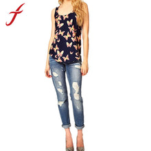 Women Butterfly Printed Sleeveless Chiffon Tank Top Shirts Crew Vest IMY66