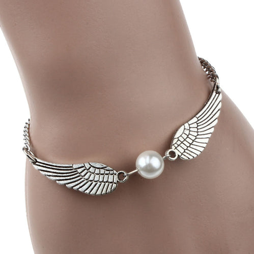 Silver Infinity Retro Pearl Angel Wings Jewelry Dove Peace Bracelet IMY66