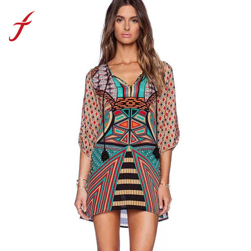 Vintage Women short dress with 3/4 sleeve Geometric pattern print vintage loose flowy dress IMY66