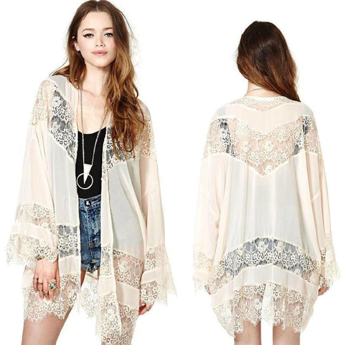 Women Floral Vintage Hippie Boho Kimono Cardigan Lace Crochet Chiffon Outwear Casual Loose Top Blouse IMY66