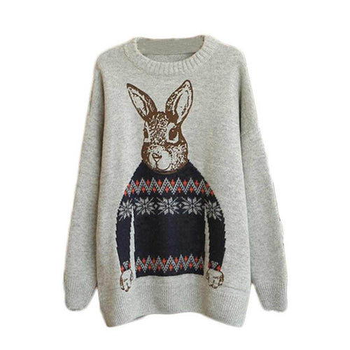 Women Clothing Vintage Women Animal Rabbit Printted Knitted Casual Loose Pullover Sweater IMY66
