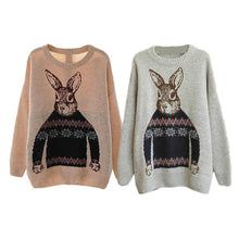 Women Clothing Vintage Women Animal Rabbit Printted Knitted Casual Loose Pullover Sweater IMY66