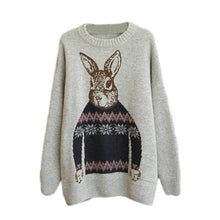 Women Clothing Vintage Women Animal Rabbit Printted Knitted Casual Loose Pullover Sweater IMY66