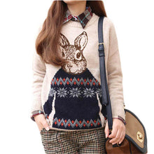Women Clothing Vintage Women Animal Rabbit Printted Knitted Casual Loose Pullover Sweater IMY66