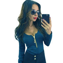 Sexy Women Zipper Strap T-Shirts Casual Round Neck Long Sleeve Tops Tee Shirts femme camisetas y tops IMY66