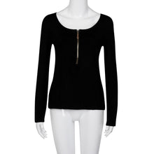 Sexy Women Zipper Strap T-Shirts Casual Round Neck Long Sleeve Tops Tee Shirts femme camisetas y tops IMY66