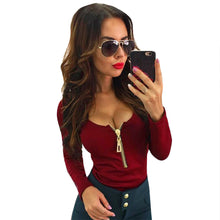 Sexy Women Zipper Strap T-Shirts Casual Round Neck Long Sleeve Tops Tee Shirts femme camisetas y tops IMY66