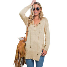 Sweater Women Casual Long Sleeve Bandage Long Sweater Tops Knitted V-Neck Loose Pullovers pull femme IMY66