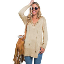 Sweater Women Casual Long Sleeve Bandage Long Sweater Tops Knitted V-Neck Loose Pullovers pull femme IMY66