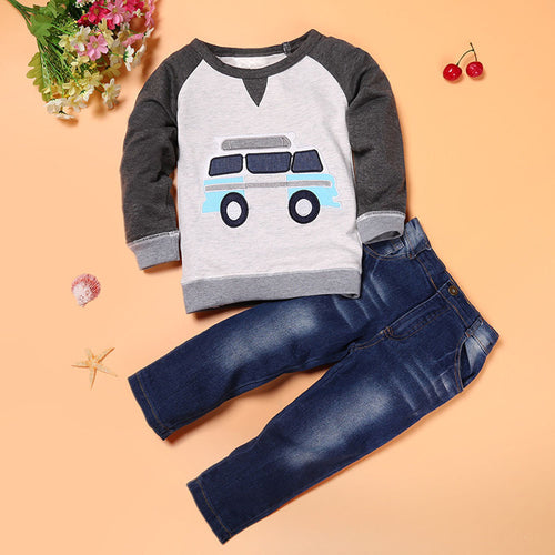 Toddler Boys Outfit Clothes Car Print Tee shirt Tops+Long Jeans Trousers children clothing IMY66