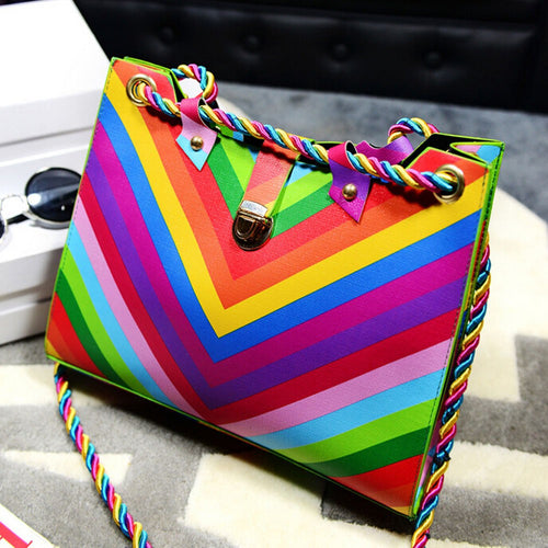 Handbag Rainbow Bag String Openings Rivet Candy Hit The Color Stripe Women Handbags Bolsa IMY66