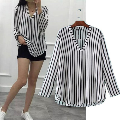 Casual Striped Shirts Women Lady Sexy V-neck Long Sleeve Chiffon Blouse Tops blusa feminina vetement femme IMY66