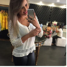 Plus Size Women Sexy Blouses blusa Ladies Loose Hollow Chiffon V-Neck Tops Half Sleeve Shirt Casual Blouse IMY66