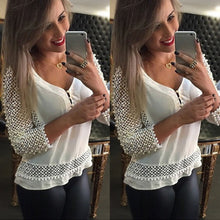 Plus Size Women Sexy Blouses blusa Ladies Loose Hollow Chiffon V-Neck Tops Half Sleeve Shirt Casual Blouse IMY66