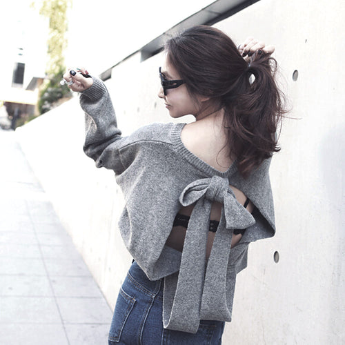 Sexy Hollow Casual Knitting Sweater For Womens Long Sleeve Backless Bowknot Knitwear Pullovers pull femme IMY66