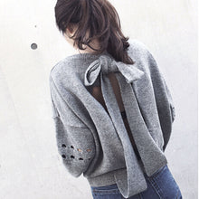 Sexy Hollow Casual Knitting Sweater For Womens Long Sleeve Backless Bowknot Knitwear Pullovers pull femme IMY66