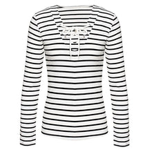 Sexy Lace Up T-Shirts Women Striped Long Sleeve Casual V Neck Bandage tee shirt femme camisetas y tops IMY66