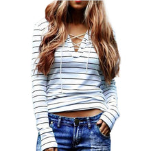 Sexy Lace Up T-Shirts Women Striped Long Sleeve Casual V Neck Bandage tee shirt femme camisetas y tops IMY66