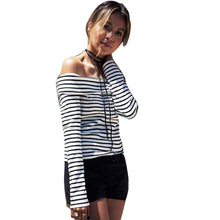 T-Shirts For Women Ladies Sexy Off Shoulder Striped Long Sleeve Loose Tops T-Shirt camiseta feminina IMY66