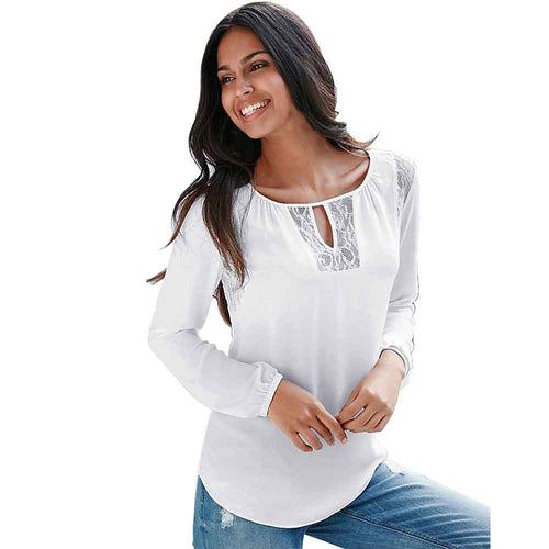 Women Blouse Shirt Casual Irregular Loose Hollow Lace Splice Long Sleeve Tops Shirts White Blusas feminina IMY66