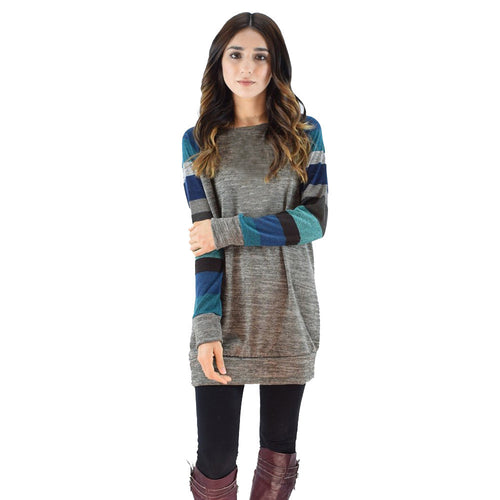 Women Casual T-Shirts Loose Striped Splice O-Neck Long Sleeve Long Tops Tee shirt femme camisetas y tops IMY66