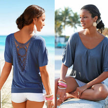 Women Blusas Backless Lace Patchwork Shirts Casual Short Sleeve O-Neck Blouse Tops blusa feminina IMY66