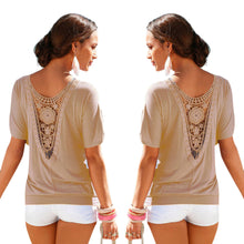 Women Blusas Backless Lace Patchwork Shirts Casual Short Sleeve O-Neck Blouse Tops blusa feminina IMY66