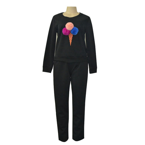 Funny Ice Cream Print Women hoodies Casual Sweatshirt Plush Ball Long Sleeve Blouse Shirt Long Pants Outfit Suit IMY66