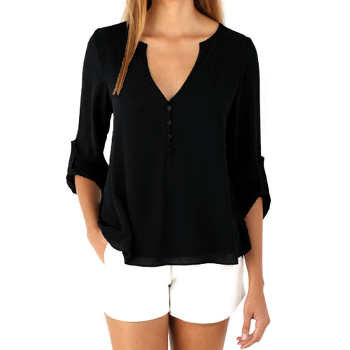 Long Sleeve Chiffon Blouse Shirt Women Casual V Neck Button Blouses Tops Loose Sexy Lady Shirt blusas femininas IMY66