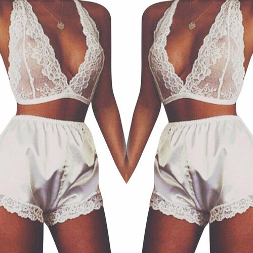 2 Piece Set Sexy Lingerie Lace Dress Babydoll Women Underwear Nightwear Sleepwear Lace Lingerie For Women White IMY66