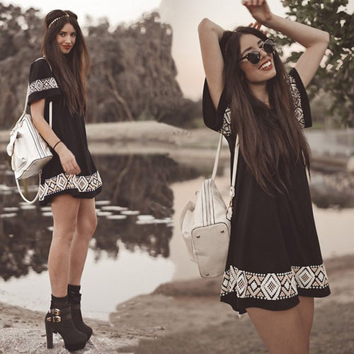 High Street Women Ladies Dresses Casual Clothing Black Round Neck Short Sleeve Printed Short Vintage Dress IMY66
