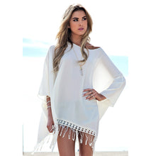 Women Dress O Neck Lace Tassel Chiffon Beach Mini Dresses Casual White Short Party Vestidos Bohemian IMY66